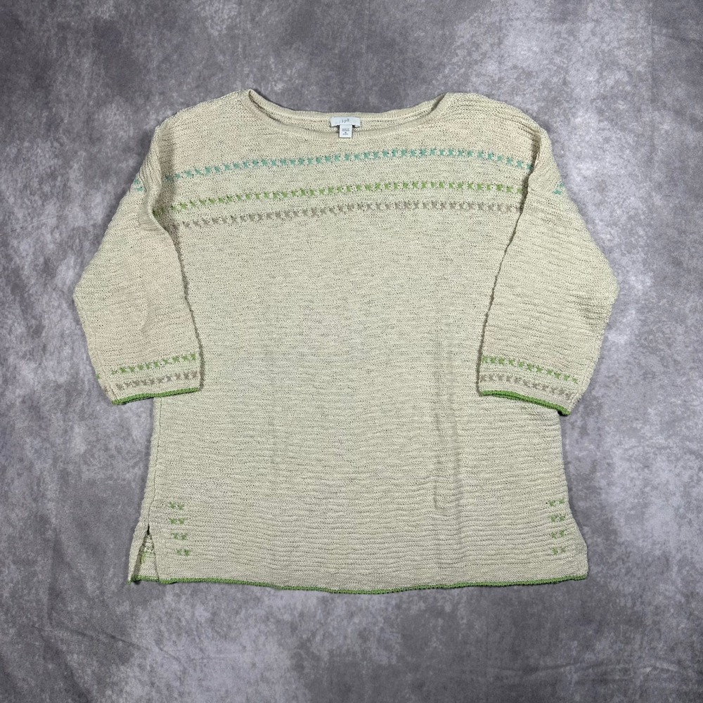 J. Jill Women Medium Petite Beige Knit Embroidered Stripe 3/4 Sleeve Top Coastal